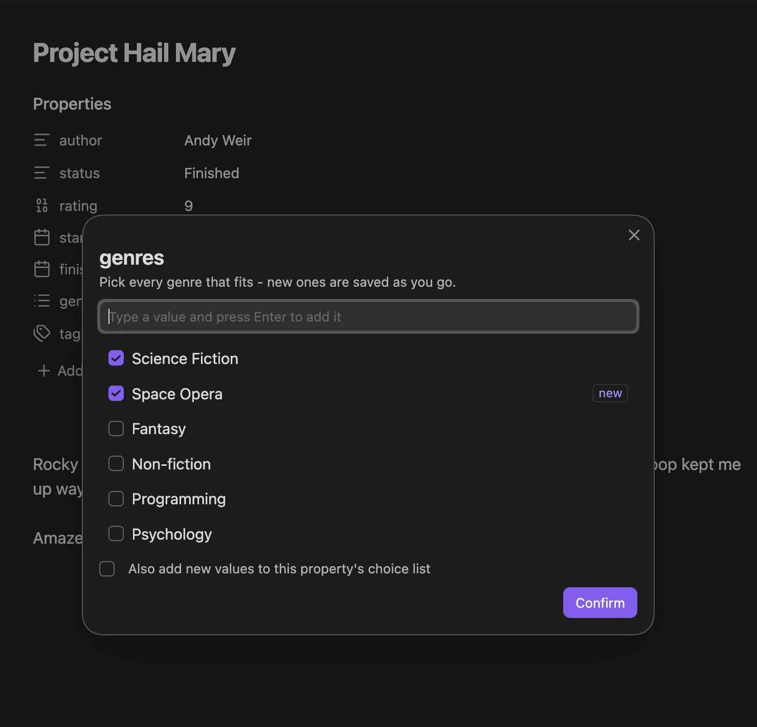 A Multi-type Auto Property prompt: description text, checkbox multi-select, a “new” badge on values not yet in the list, and the “Also add new values” checkbox