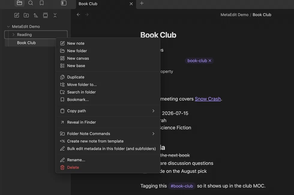 Animated demo: right-clicking a folder in the file explorer, choosing the bulk edit menu item, entering a property name and value, and picking a conflict policy.