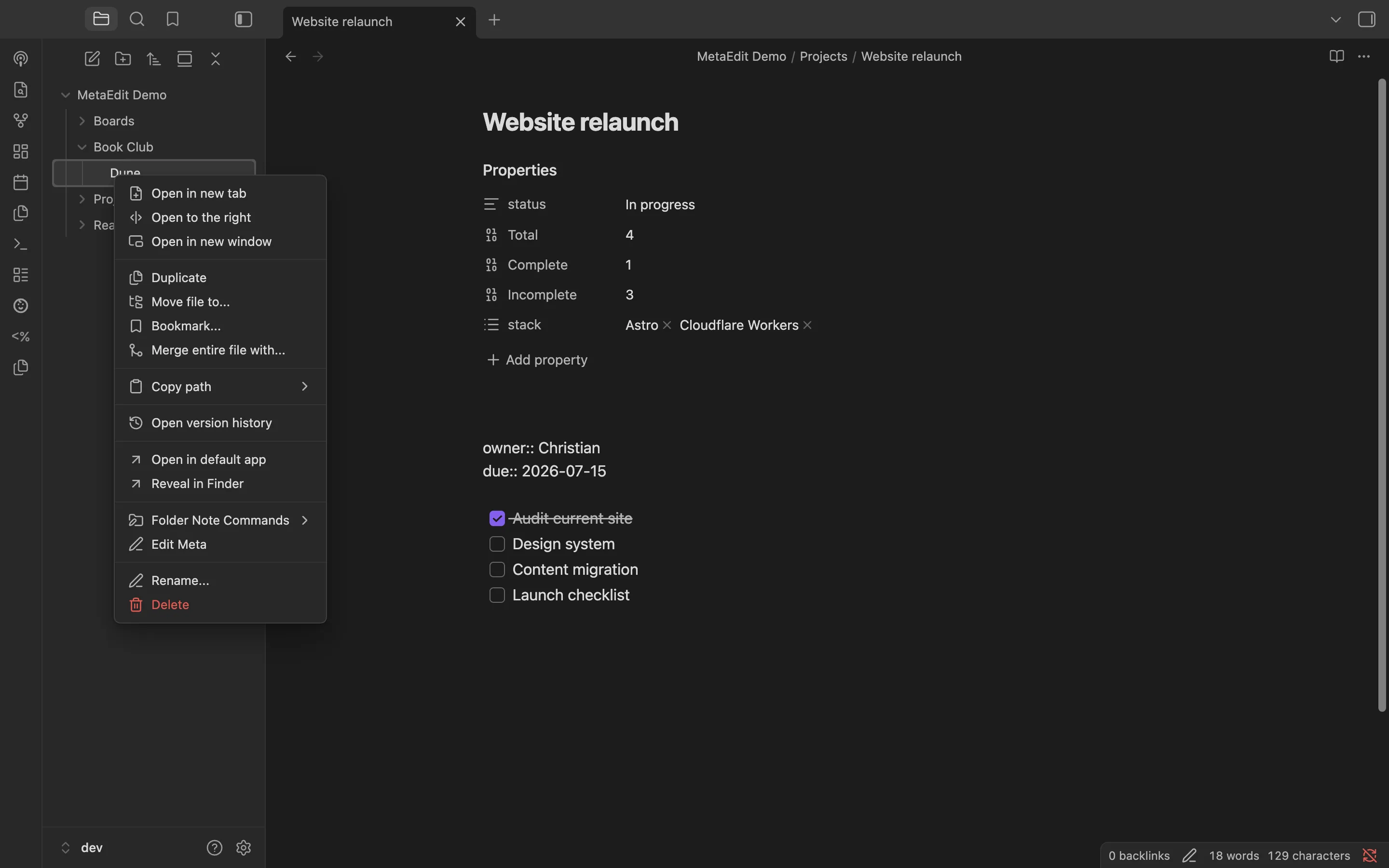 The file explorer right-click menu on a note showing the “Edit Meta” item with a pencil icon