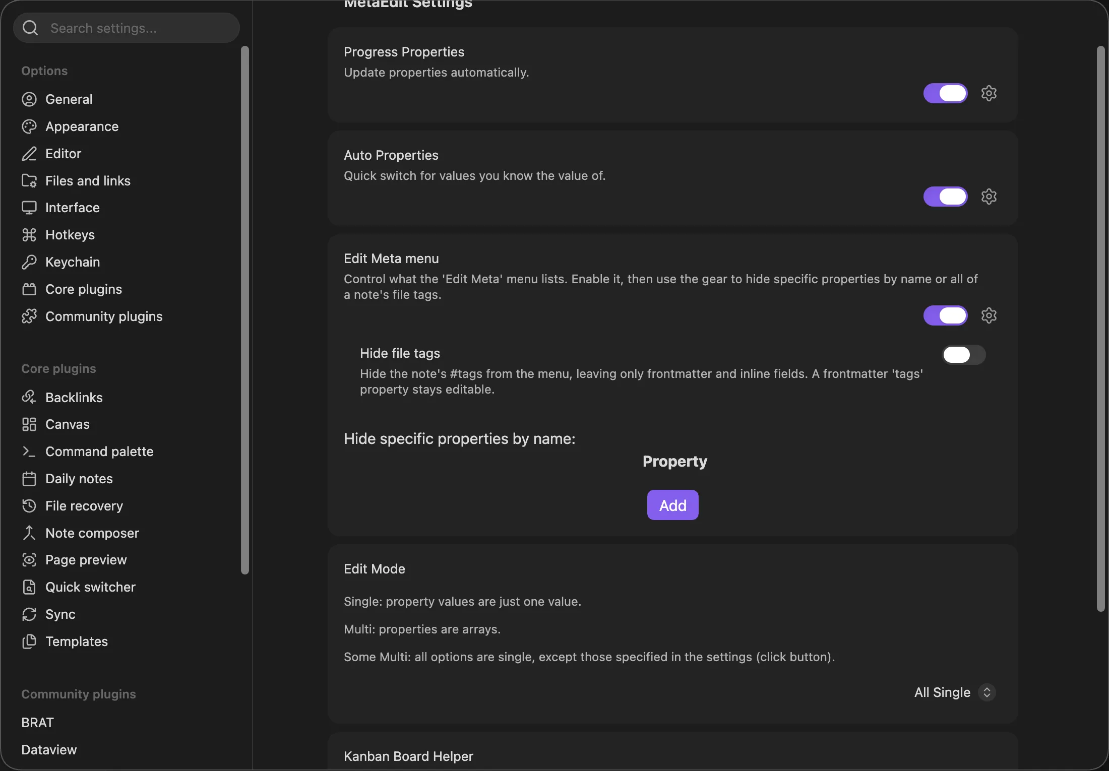 The Edit Meta menu panel expanded, with the Hide file tags toggle and the “Hide specific properties by name:” table