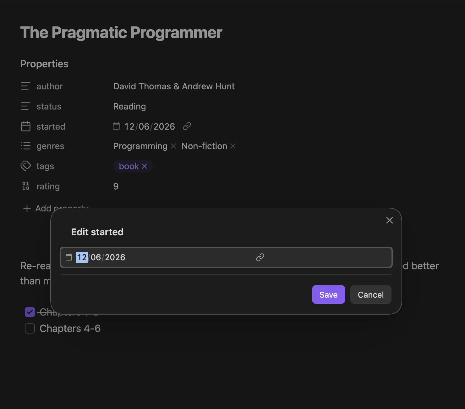 The “Edit started” modal with Obsidian’s native date picker widget