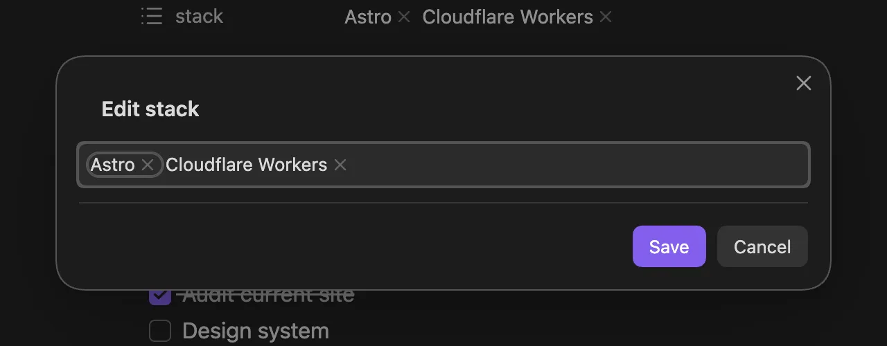 The “Edit stack” modal with Obsidian’s native list widget showing chips for “Astro” and “Cloudflare Workers”, with Save and Cancel buttons