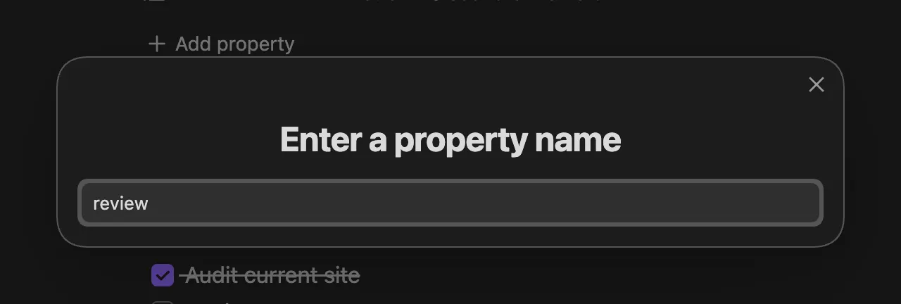 The “Enter a property name” prompt with “review” typed into it