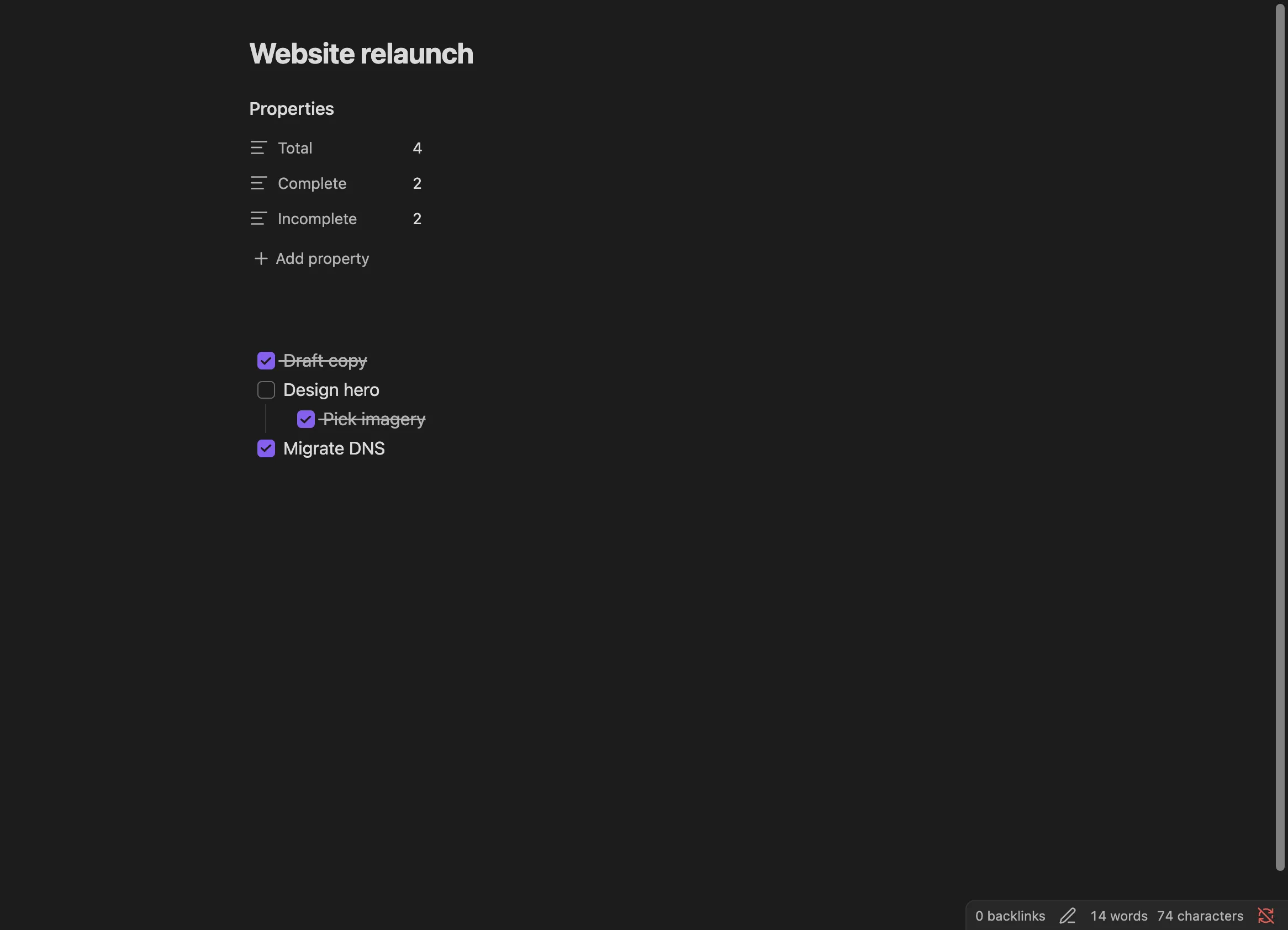 A Website relaunch note whose Total, Complete, and Incomplete properties show 4, 2, and 2 after Progress Properties updated them, above the checklist with its nested sub-task and the in-progress Migrate DNS item