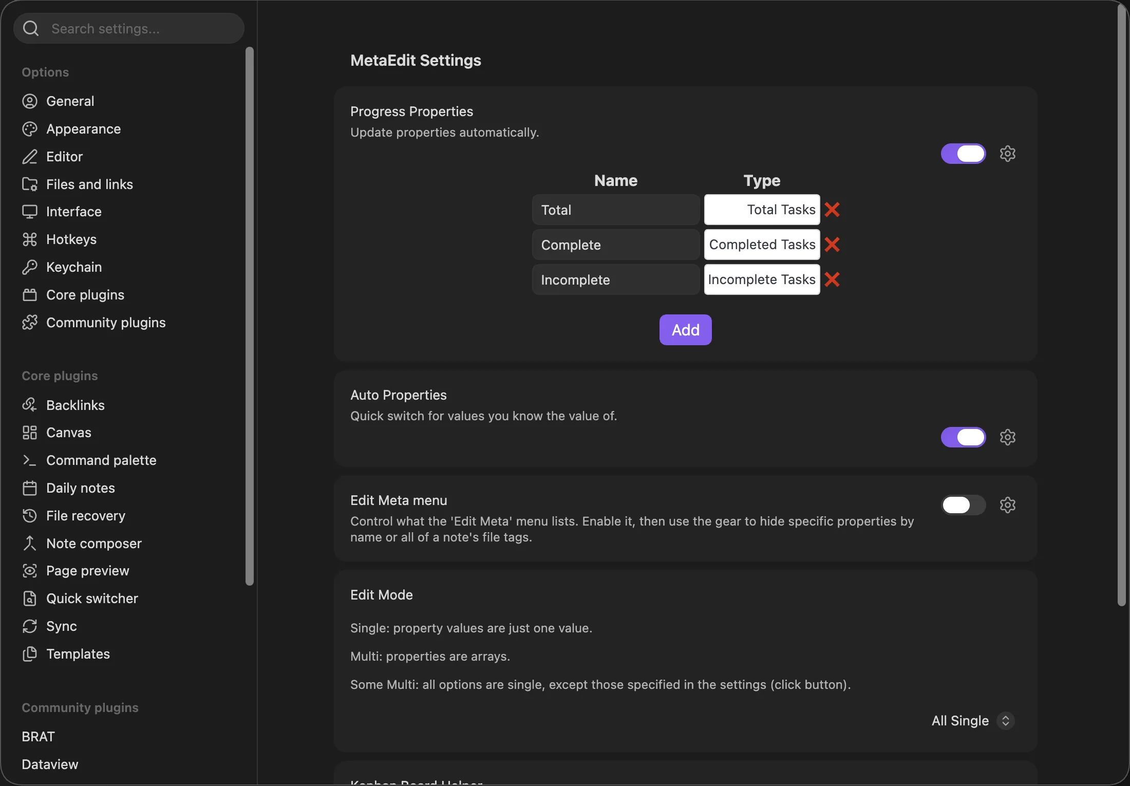Progress Properties settings panel expanded, showing a Name and Type table with rows Total set to Total Tasks, Complete set to Completed Tasks, and Incomplete set to Incomplete Tasks, each with a red remove button, and an Add button below