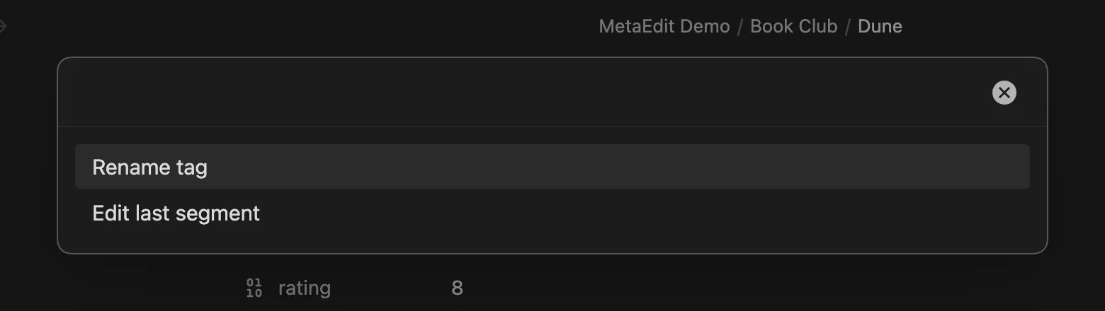 The tag action chooser for a nested body tag, showing two rows: Rename tag and Edit last segment