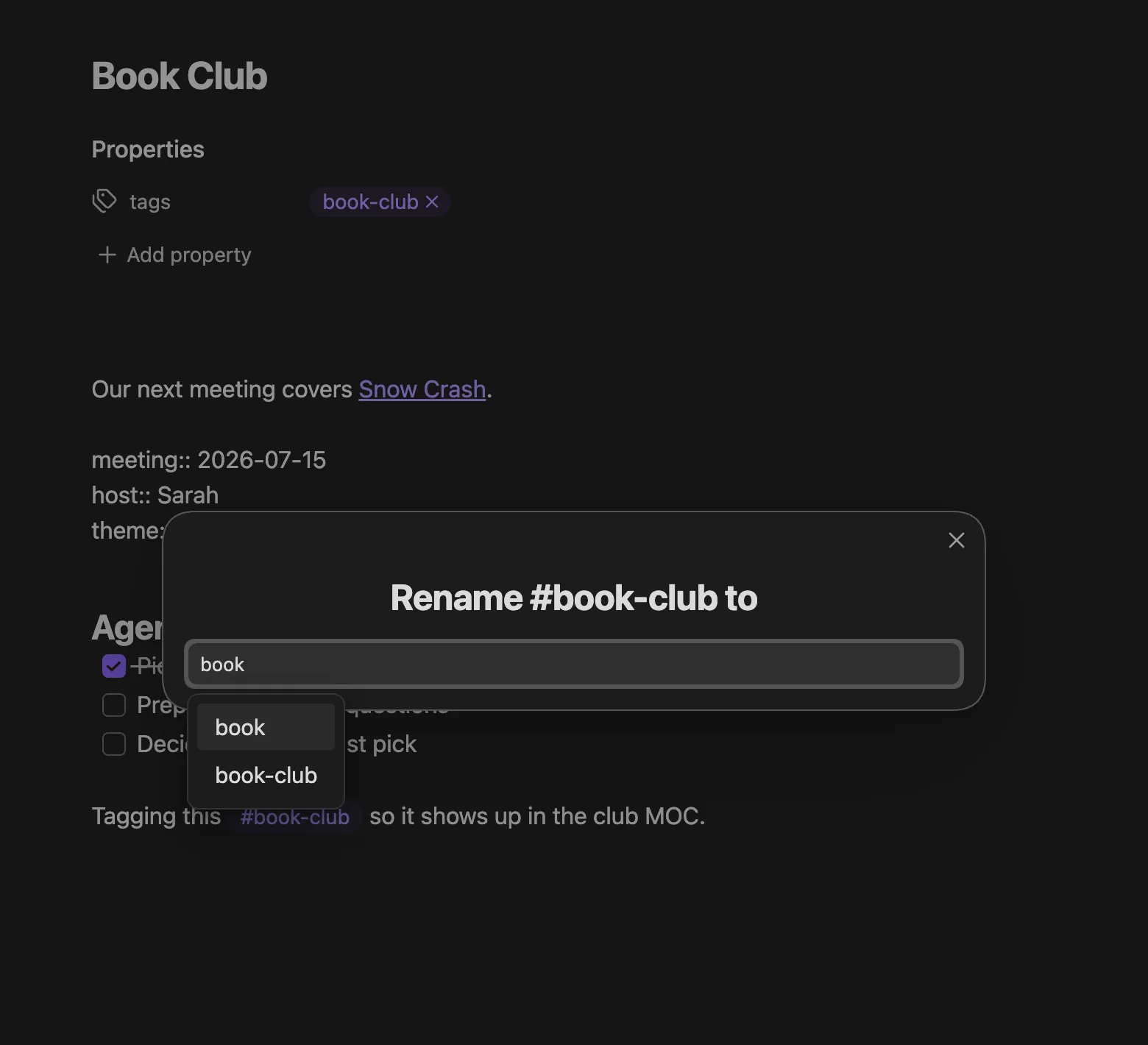 The rename prompt for a tag, with a dropdown suggesting existing vault tags