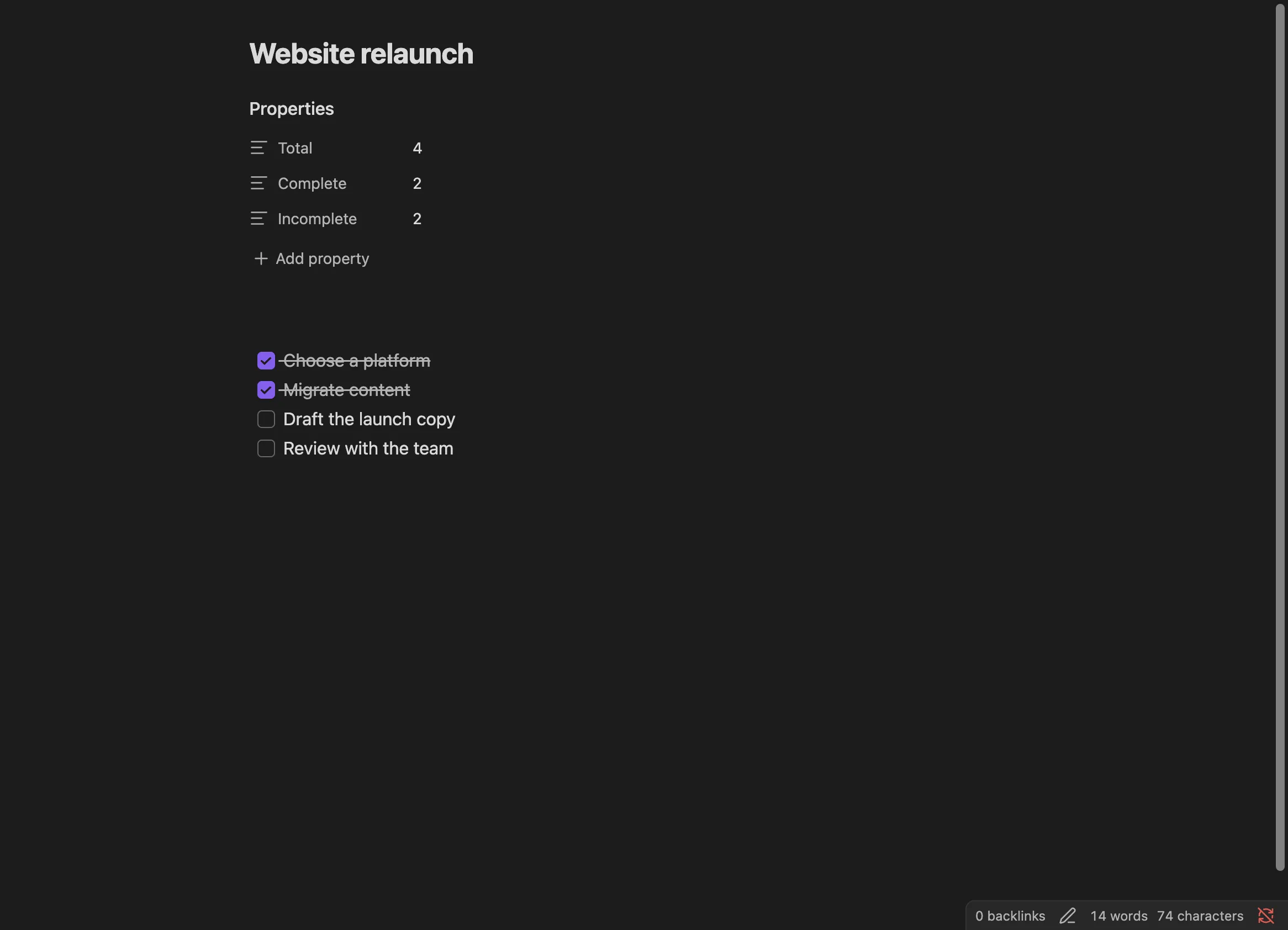 A Website relaunch note whose Total, Complete, and Incomplete properties were just updated to 4, 2, and 2 by Progress Properties, above its four-item checklist